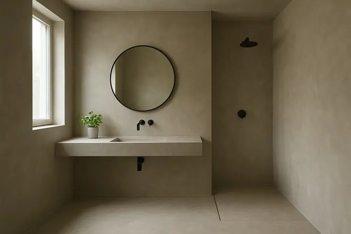 حمام با دیوار، کف و دوش یکپارچه میکروسمنت بدون درز
